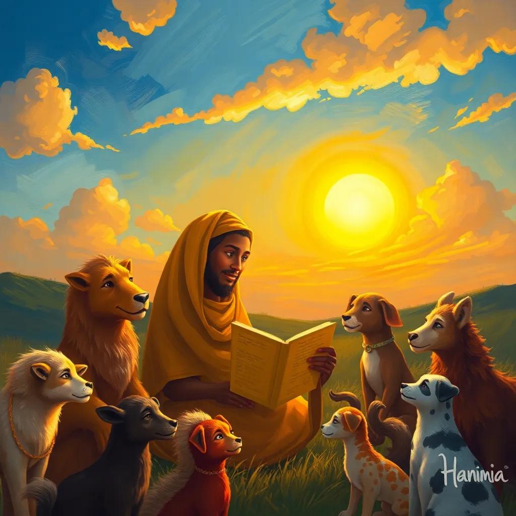 Hakima sharing a moral story about kindness under a glowing sunset sky, animals around looking thoughtful, heartwarming scene, soft warm light, whimsical, high quality