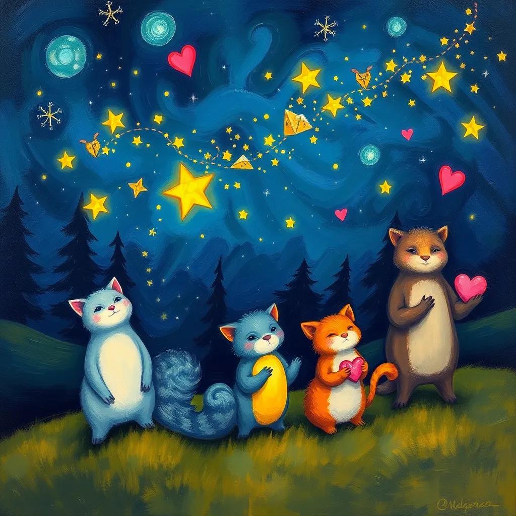 Animals returning home, filled with love and knowledge, some holding stars and heart symbols, gentle night landscape, glowing and magical feel, high quality, colorful illustration