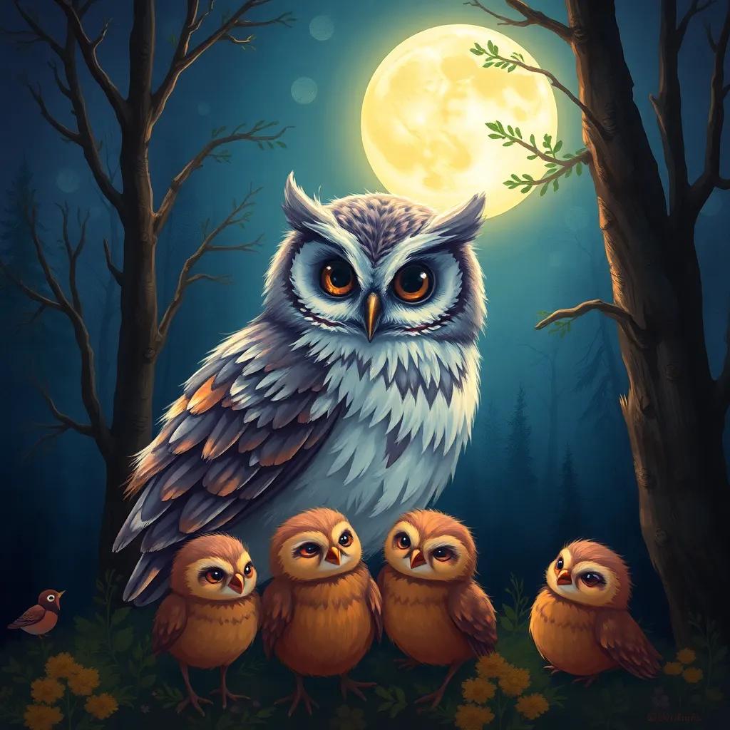 Hakima the owl with a gentle smile watching over her friends in the forest, soft moonlight illuminating the scene, peaceful night setting, detailed digital art, warm colors, heartwarming atmosphere, high quality