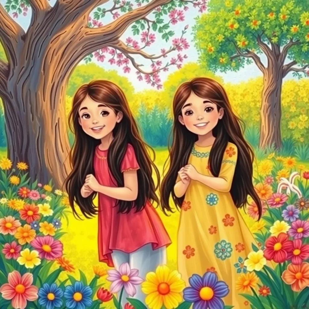 Two young Arab girls, Hala and Mira, with long, dark hair, playing in a sunny garden, surrounded by colorful flowers and a big tree, their faces full of joy, illustration, vibrant, playful, child-friendly