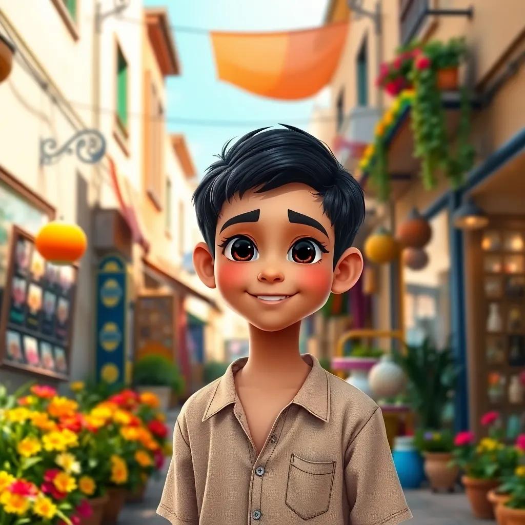 A young Arabic boy, Ahmad, with short black hair, wearing a simple shirt, standing in a sunlit village street surrounded by shops and colorful flowers, cheerful expression, digital art, warm colors, inviting atmosphere, high quality