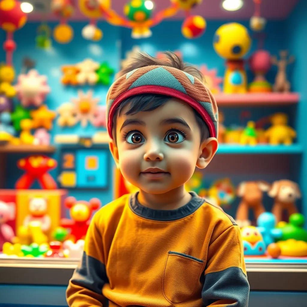 A young Arab boy, Ahmad, sitting in front of a colorful toy store, looking through the window with big, sparkling eyes, vibrant toys displayed, cheerful atmosphere, digital art, bright colors, excited expression