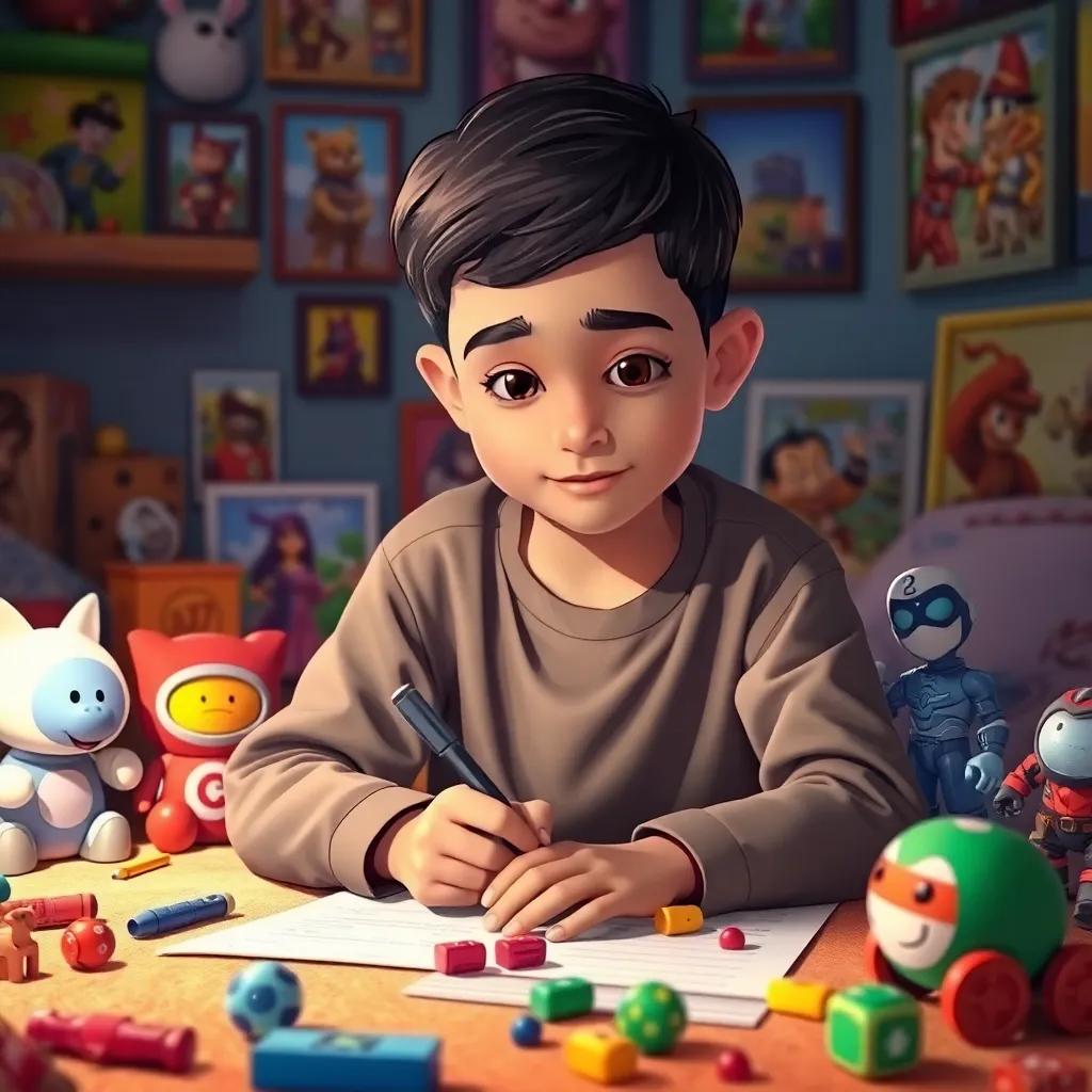 Ahmad, a young Arab boy, sitting in his room surrounded by toys and pictures of his favorite characters, writing a list of games, focused expression, colorful and creative environment, illustration, cozy lighting, warm and inviting