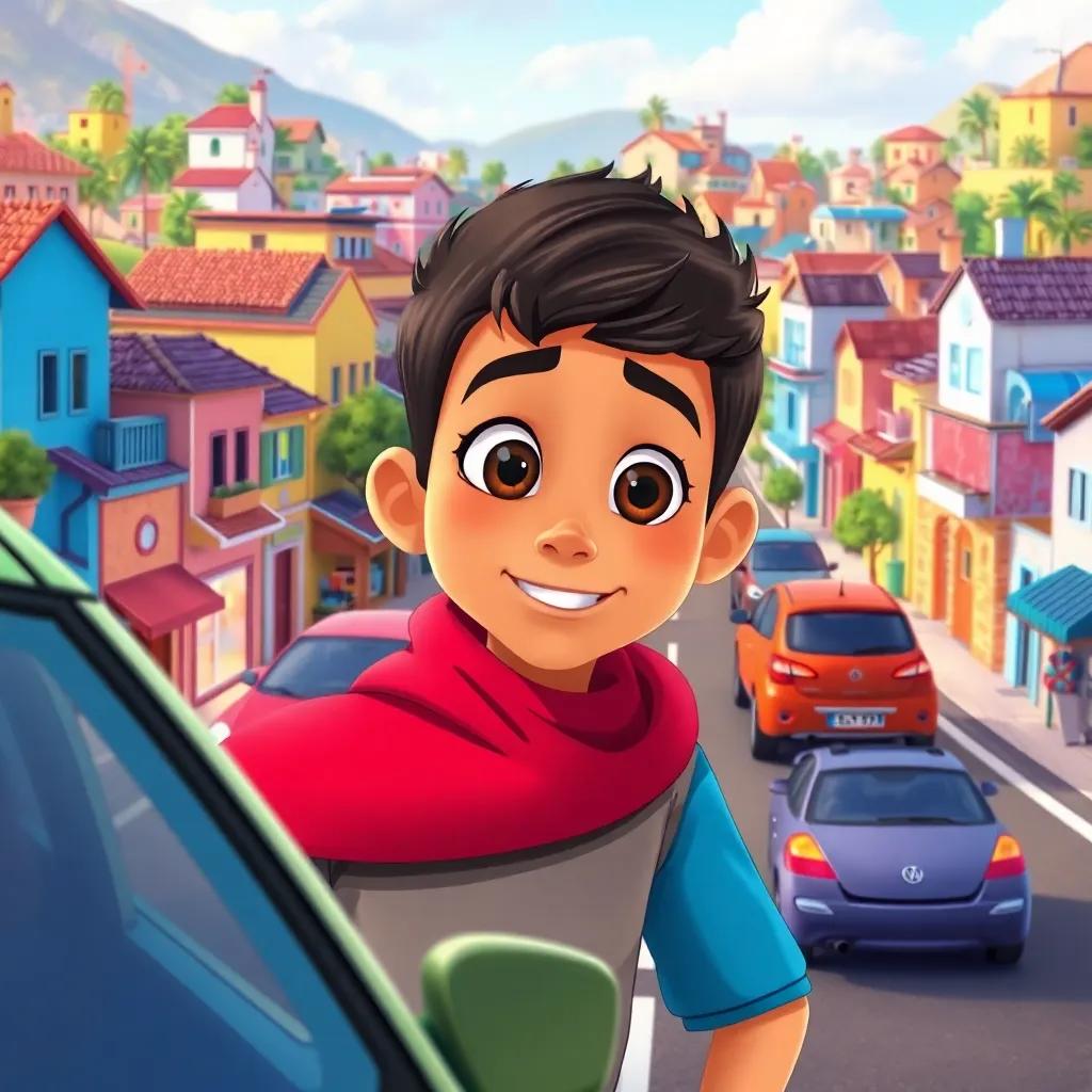 A small, colorful town bustling with life, with lots of houses and cars. A 7-year-old Arab boy, Iyad, with bright eyes, watching cars pass by excitedly, digital illustration, vibrant colors, cheerful atmosphere, high quality.