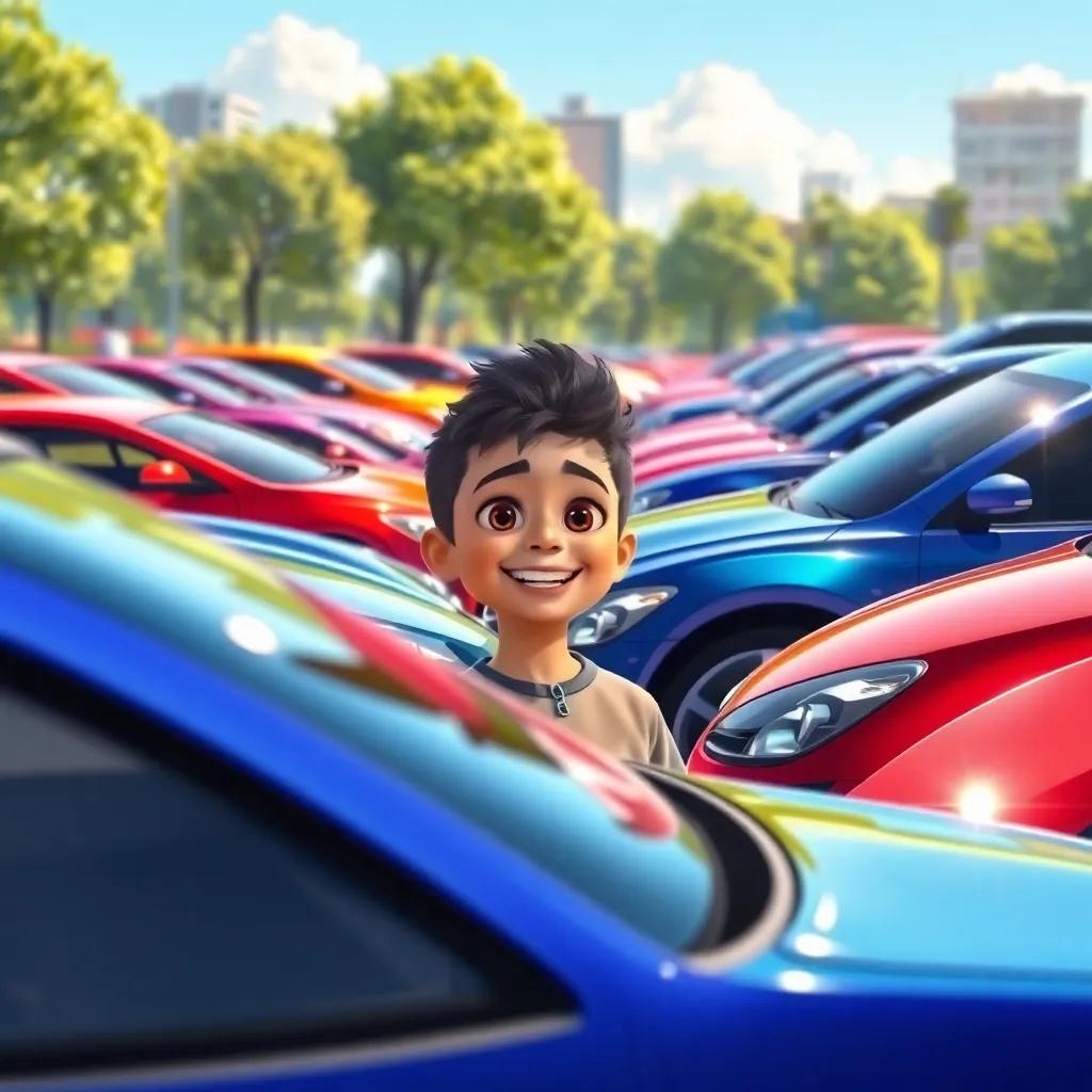 A vibrant car exhibition in the city park, showcasing shiny cars in various bright colors under the sun. Iyad, a young Arab boy, eagerly looking at the cars, joyful atmosphere, attractive scene, digital painting, fun.