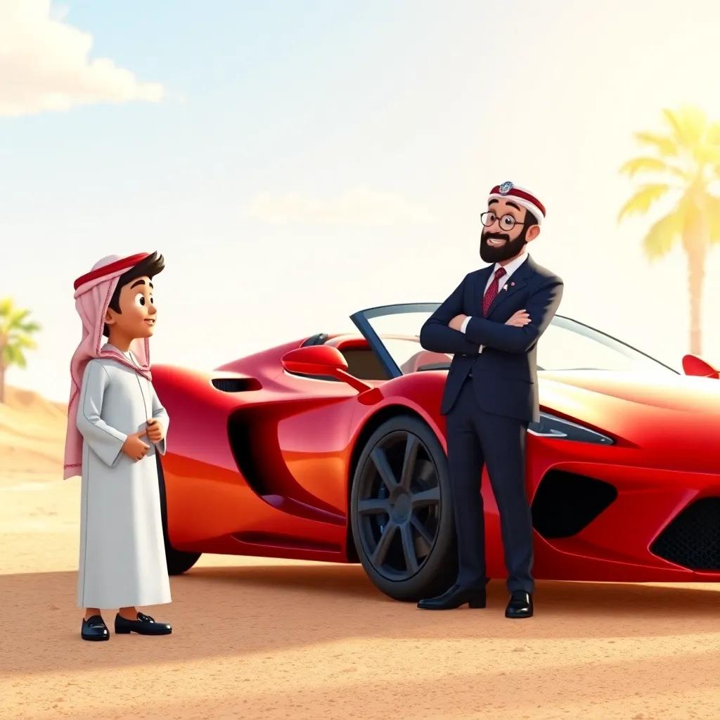 Iyad, a young Arab boy, beside a shiny red sports car, talking with Captain Saeed, a kind Arab man in a formal suit, explaining how the car works, sunny background, warm light, engaging interaction, illustration.