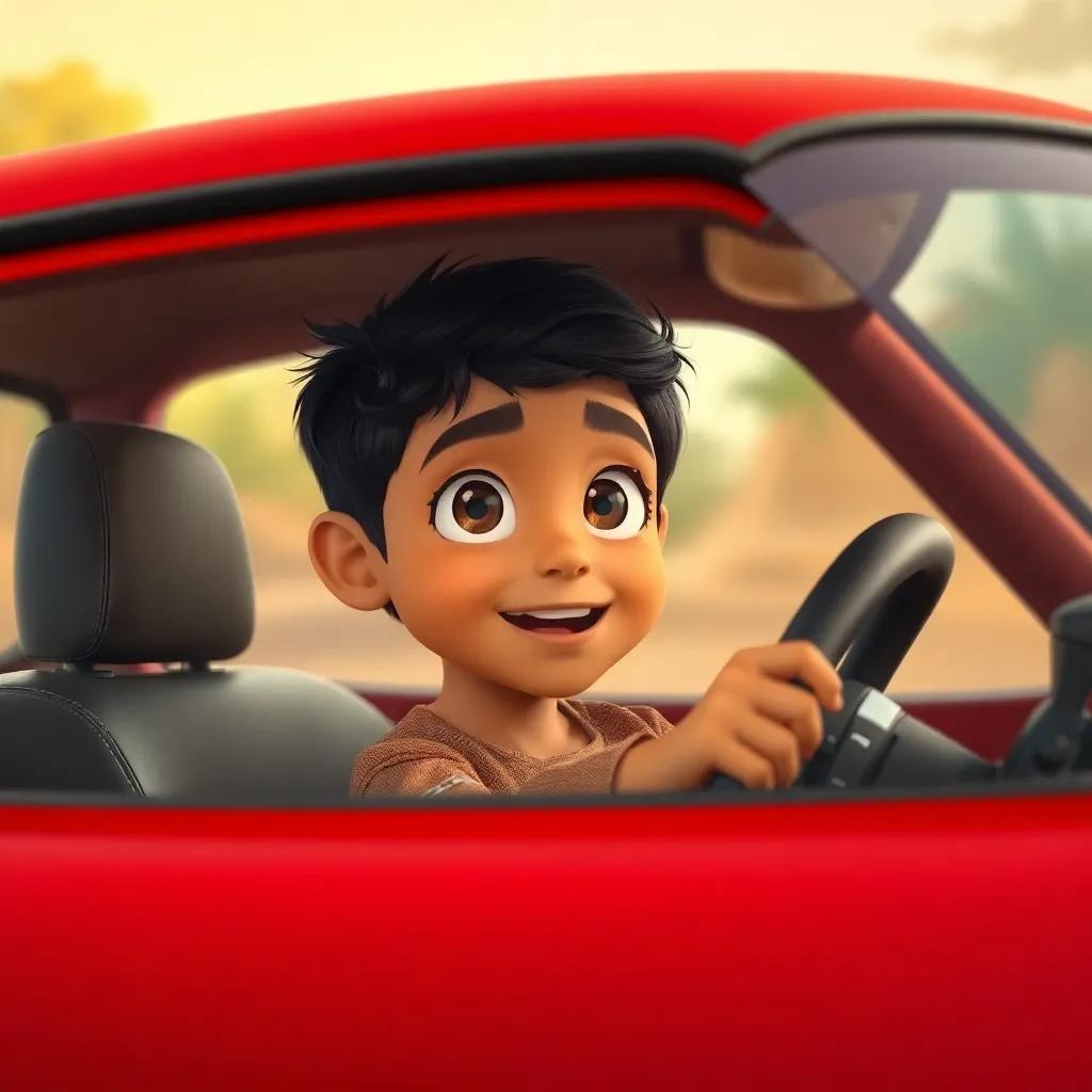 Iyad, a young Arab boy with bright eyes, sitting in the driver's seat of a red car, looking excited and amazed as he learns about the car's controls, fantasy scene, warm tones, inspiring moment.