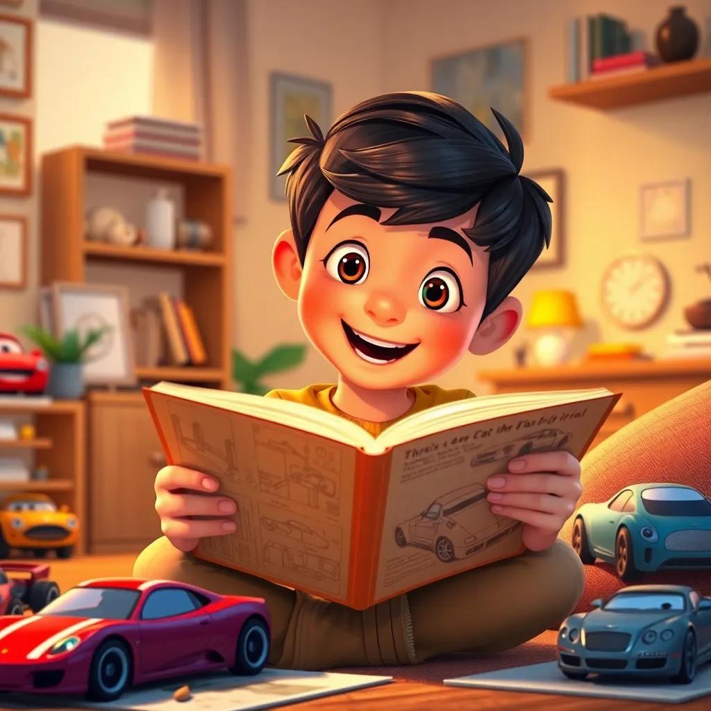 A young Iyad, energetic and excited, reading car books at home, surrounded by toy cars and sketches of car designs, bright and cozy room, warm lighting, inspiring ambiance, colorful details.