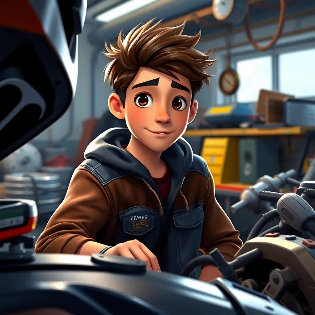 A teenage Iyad, now passionate about cars, working in a workshop repairing vehicles, surrounded by tools and engines, focused expression, dynamic setting, realistic details, inspiring vibe.