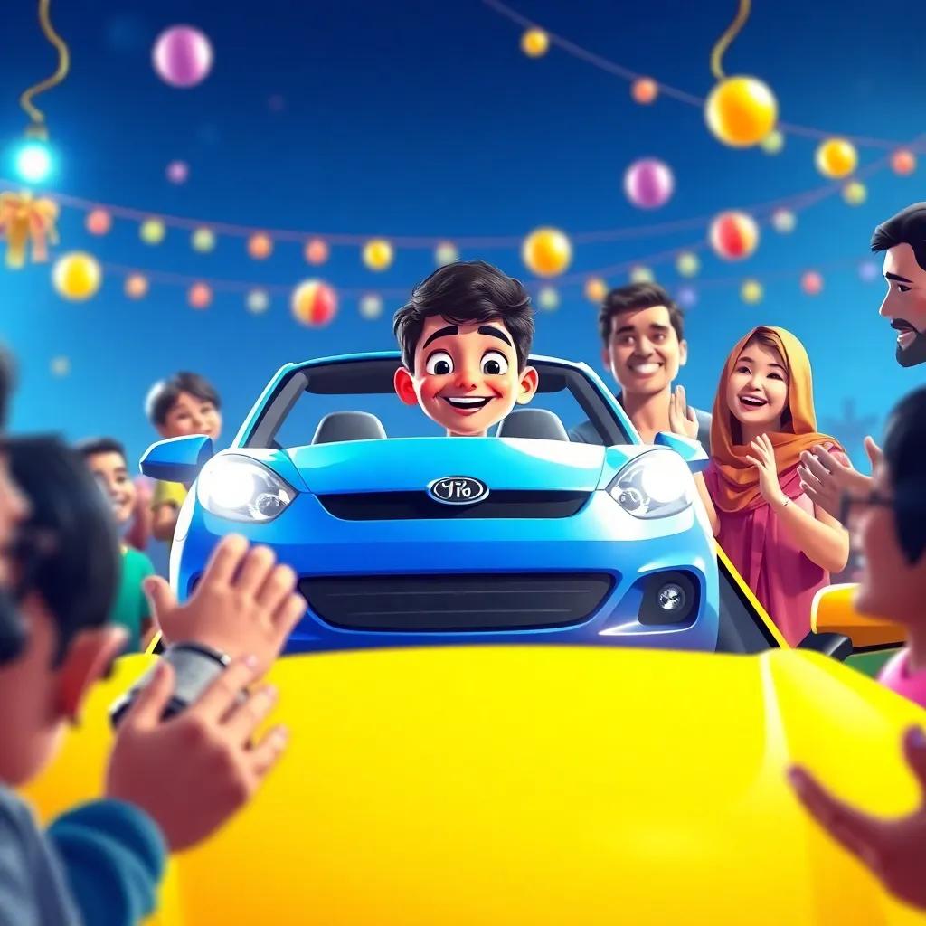 Iyad, now 18, receiving a brand new bright blue car from his family, a proud expression on his face, surrounded by family members cheering, festive atmosphere, colorful celebration, heartfelt colors.