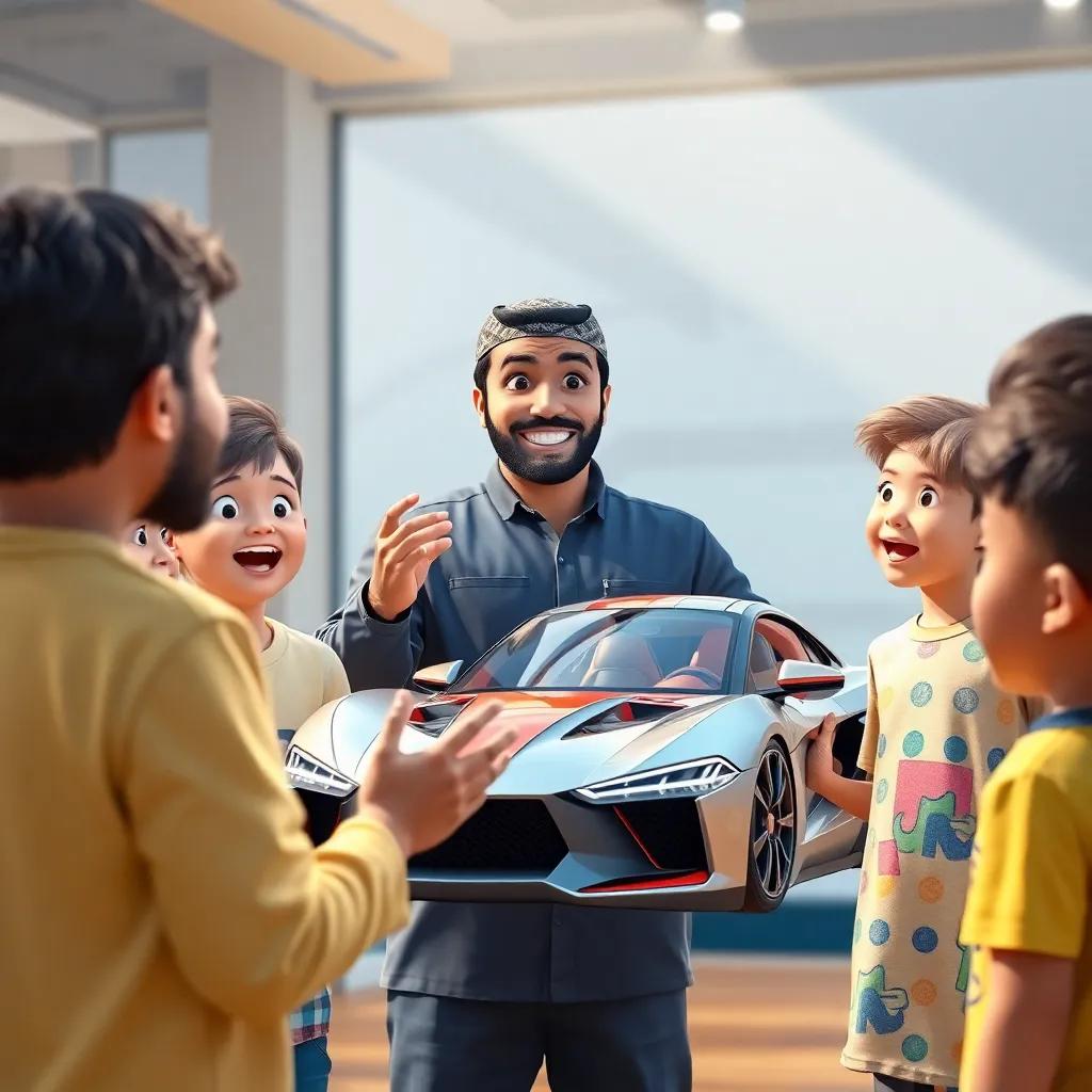 A successful Arab man, Iyad, now a famous car engineer, presenting innovative car designs to a group of excited children, enthusiastic expressions, bright and inviting environment, motivational setting, colorful context.