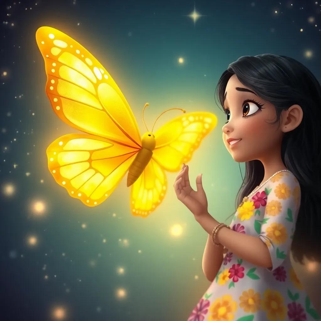 A beautiful golden butterfly speaking to Lina, a young Arab girl with long black hair in a colorful flower dress, surrounded by a starry night sky and soft glowing light, whimsical and magical style, serene and high quality.
