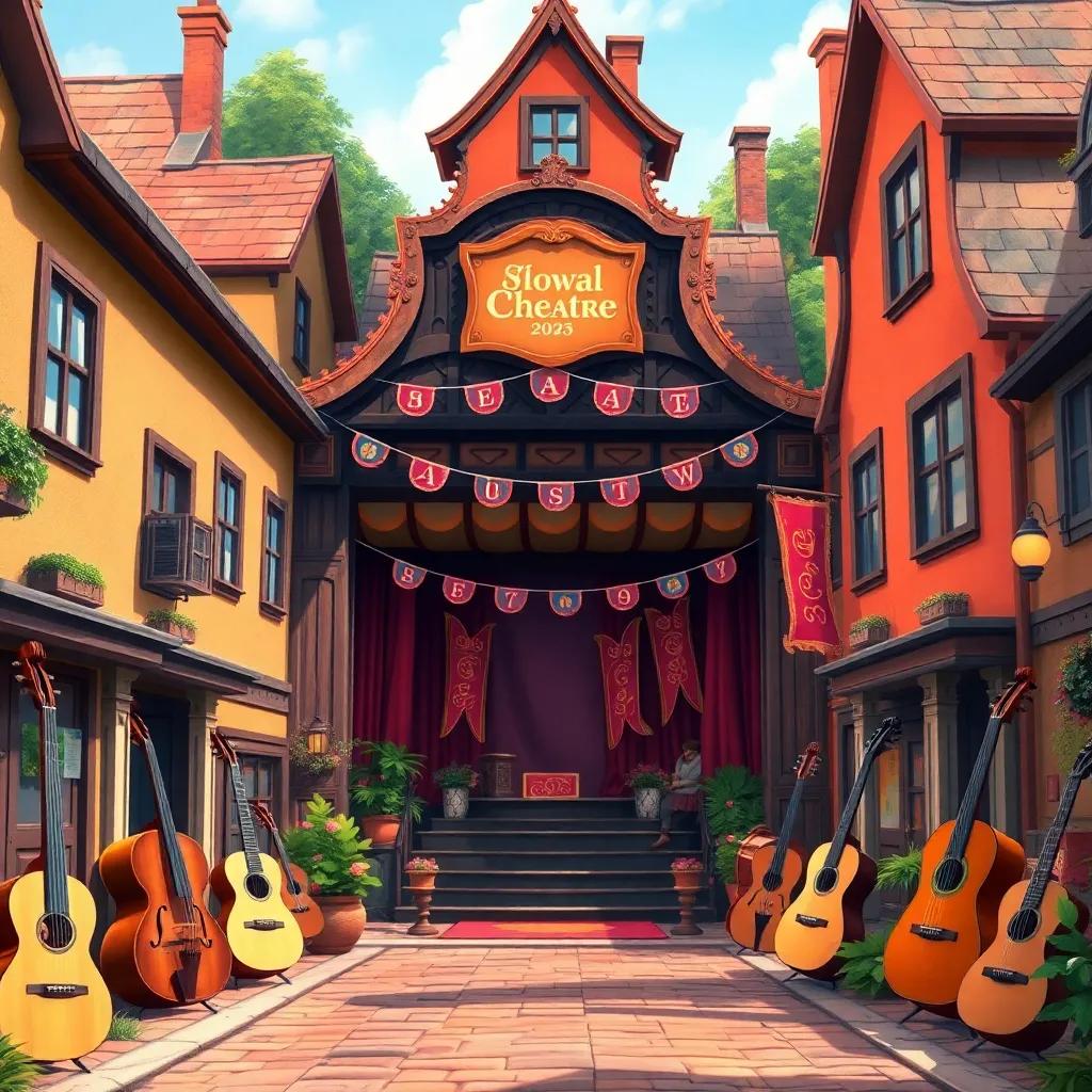 A vibrant village with musical instruments in every corner, showing an old theater in the center with banners for an annual show, digital art, cheerful atmosphere, warm colors, lively scene, high quality