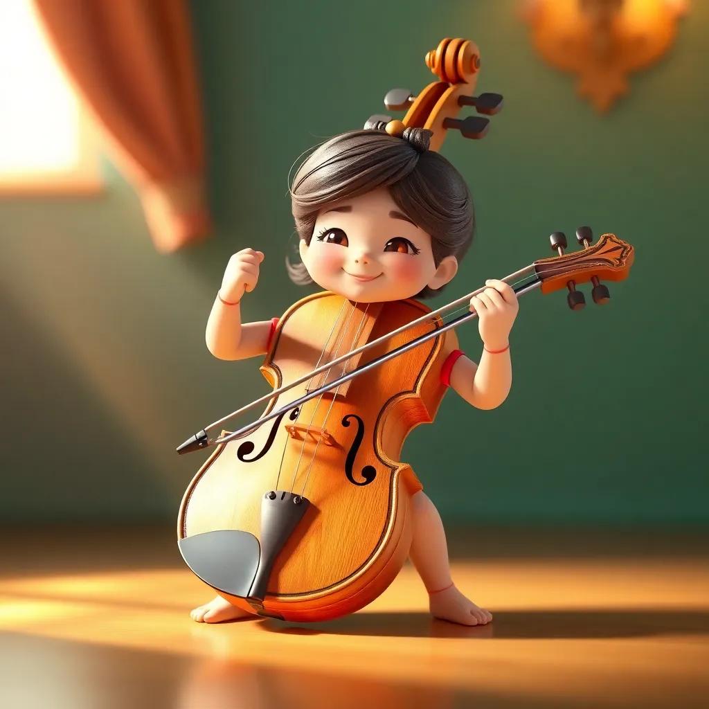 A small violin named Layla, with bright wood and intricate designs, playing a beautiful melody, with a charming smile, illuminated by soft light, pastel colors, enchanting atmosphere, high quality