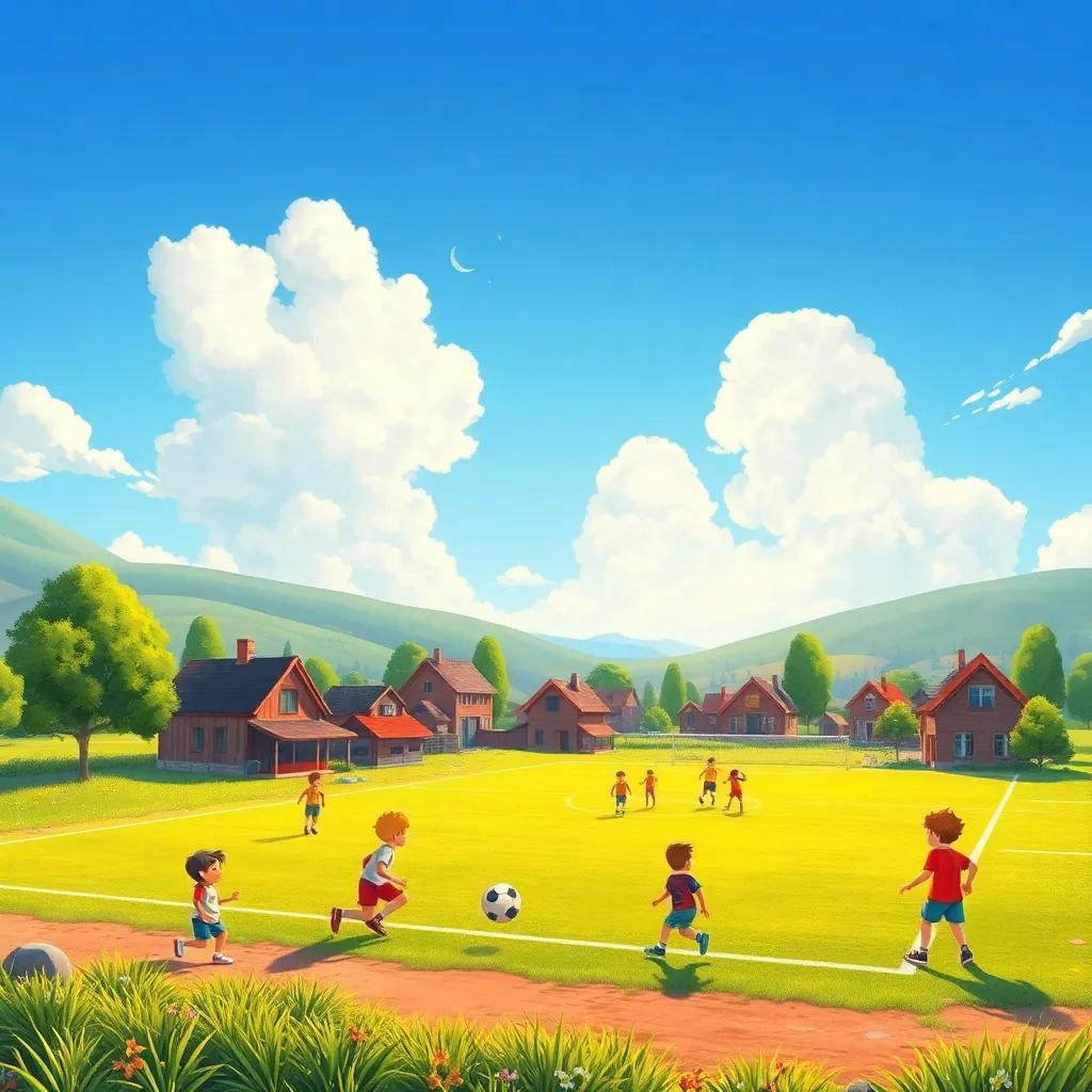 A small town in the countryside with a local football field, kids playing football, bright sky and sunny day, joyful atmosphere, colorful art, detailed scene