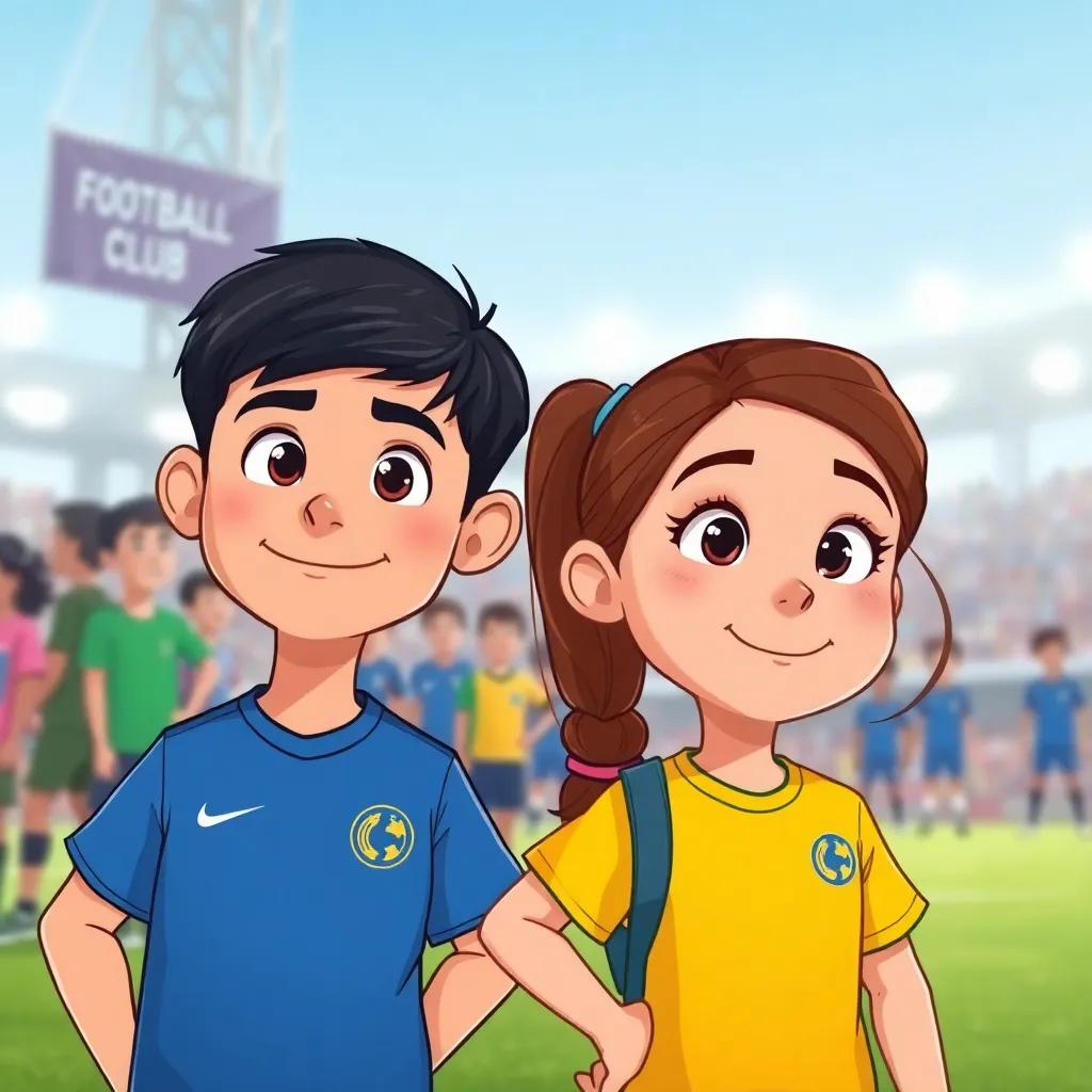 Two young kids, Sami, a 10-year-old boy with short black hair, wearing a blue football shirt, and Leila, an 8-year-old girl with long brown hair, wearing a yellow football shirt, looking determined at a local football club, illustration, optimistic and cheerful, colorful