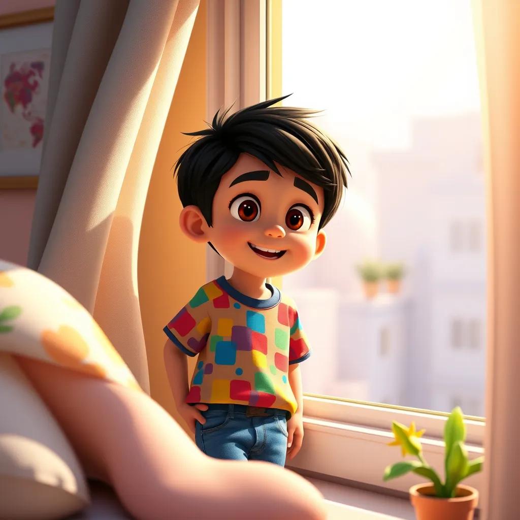 A young Arab boy, Sami, with short black hair wearing a colorful t-shirt and jeans, looking out of his bedroom window excitedly, bright sunny day, cheerful atmosphere, digital art, vibrant colors, inviting scene, high quality