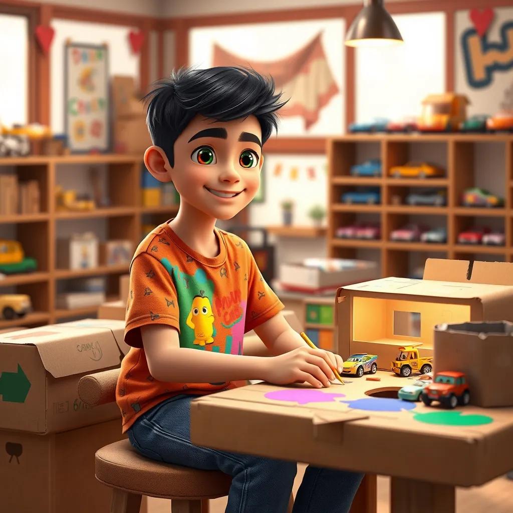 A young Arab boy, Sami, with short black hair wearing a colorful t-shirt and jeans, sitting at a table with cardboard boxes and colorful paint, crafting a toy car showroom, creative atmosphere, warm lighting, digital art, cheerful and imaginative