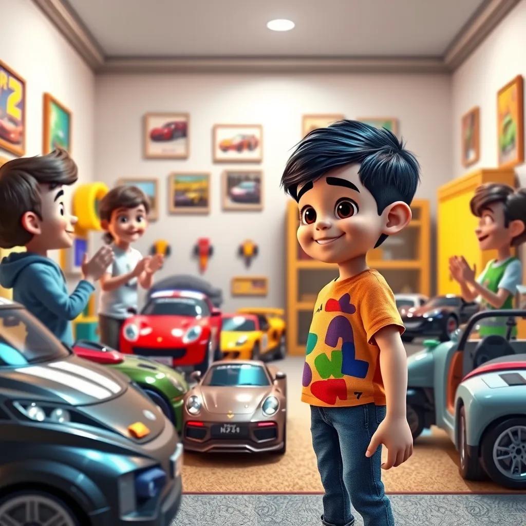 A young Arab boy, Sami, with short black hair wearing a colorful t-shirt and jeans, showing his toy car showroom to his friends, who are clapping and smiling, in his room decorated with car posters, happy environment, playful lighting, digital art, joyful scene