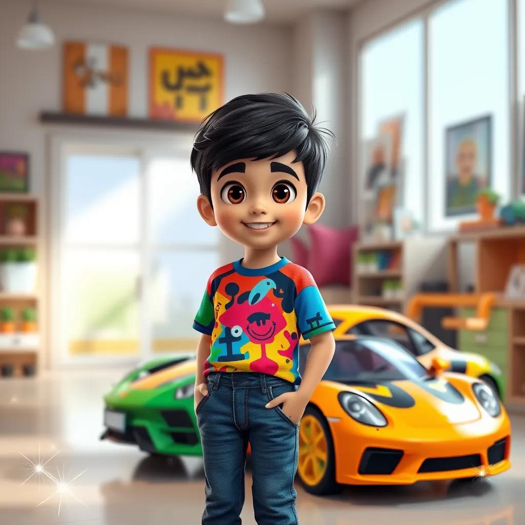 A young Arab boy, Sami, with short black hair wearing a colorful t-shirt and jeans, standing proudly next to his colorful toy car model in his small showroom, with sparkles around it, optimistic atmosphere, bright colors, digital art, uplifting moment