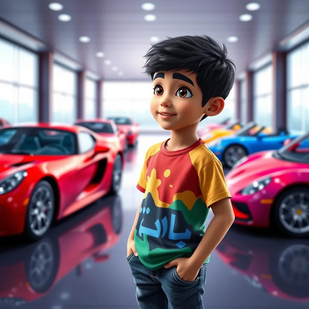 A young Arab boy, Sami, with short black hair wearing a colorful t-shirt and jeans, imagining his future car showroom with real cars, vibrant cars like red sports car and blue convertible, bright dreamy background, digital art, hopeful imagery
