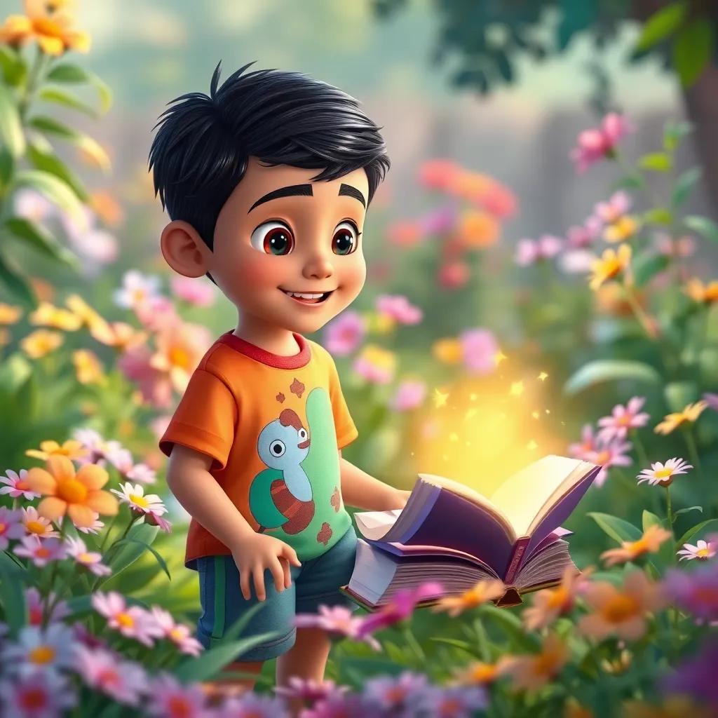 A young Arabic boy, Sami, with short black hair, wearing a colorful t-shirt and shorts, finding a magic book glowing in a garden filled with flowers, digital art, vibrant colors, cheerful atmosphere, high quality