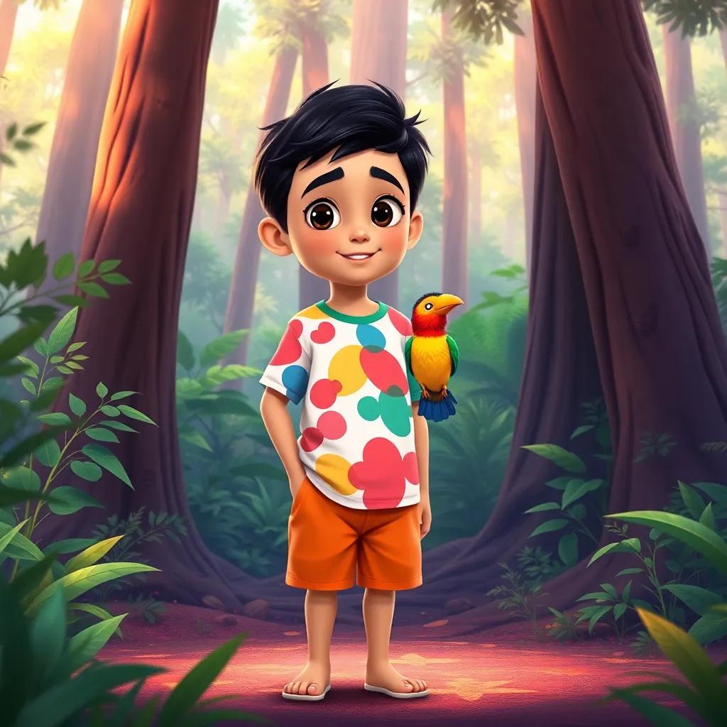 Sami, a young Arabic boy with short black hair in a colorful t-shirt and shorts, standing in a vivid forest surrounded by tall trees and green plants, a colorful bird singing in front of him, illustration, magical and inviting, high quality