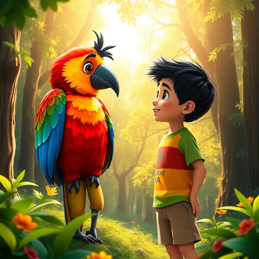 A colorful bird talking to Sami, a young Arabic boy with short black hair, wearing a colorful t-shirt and shorts, amidst an enchanting forest, with bright sunlight filtering through the trees, detailed, uplifting, child-friendly