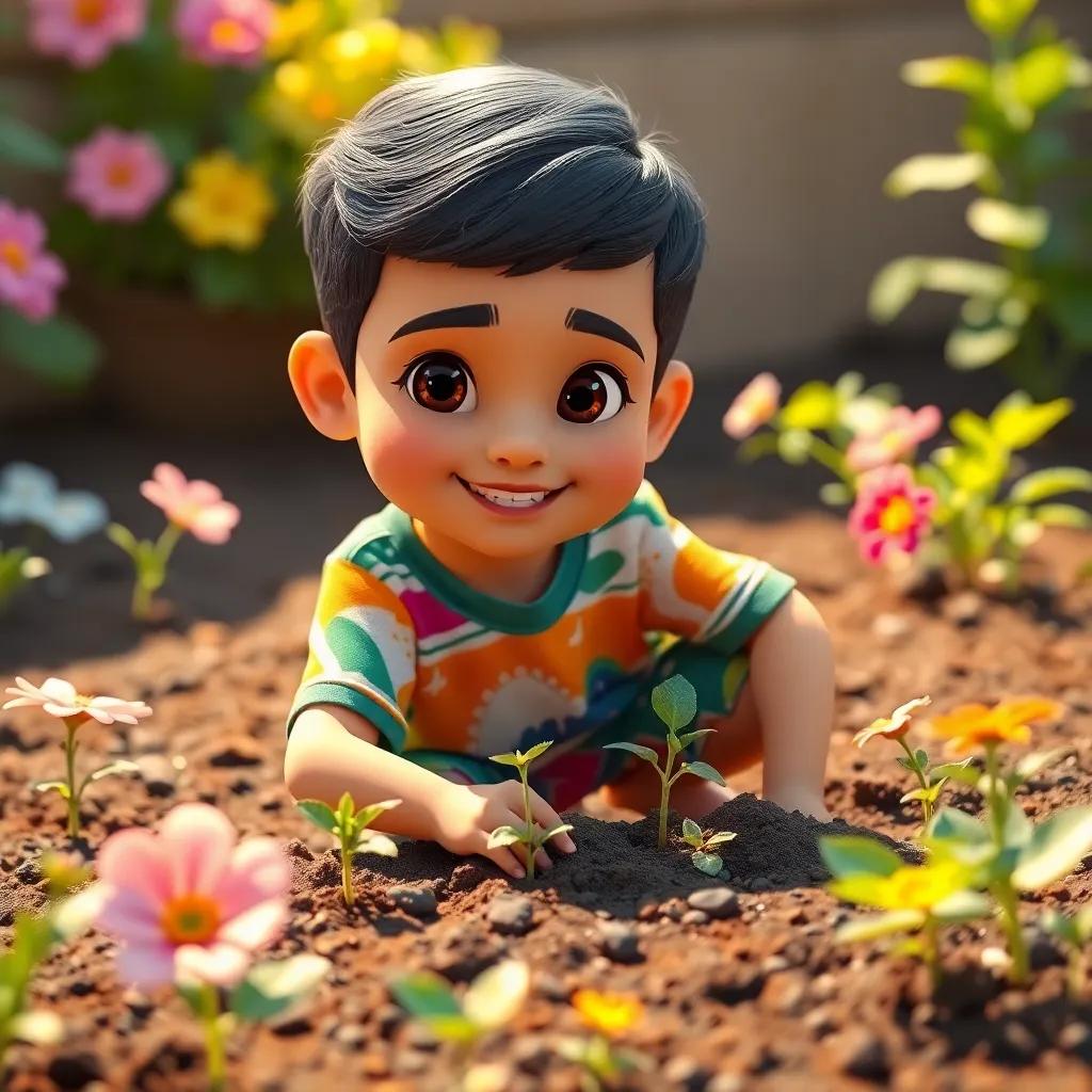 Sami, a young Arabic boy with short black hair, wearing a colorful t-shirt and shorts, planting small seedlings in the soil, surrounded by blooming flowers and green plants, cheerful and warm light, positive message, high quality