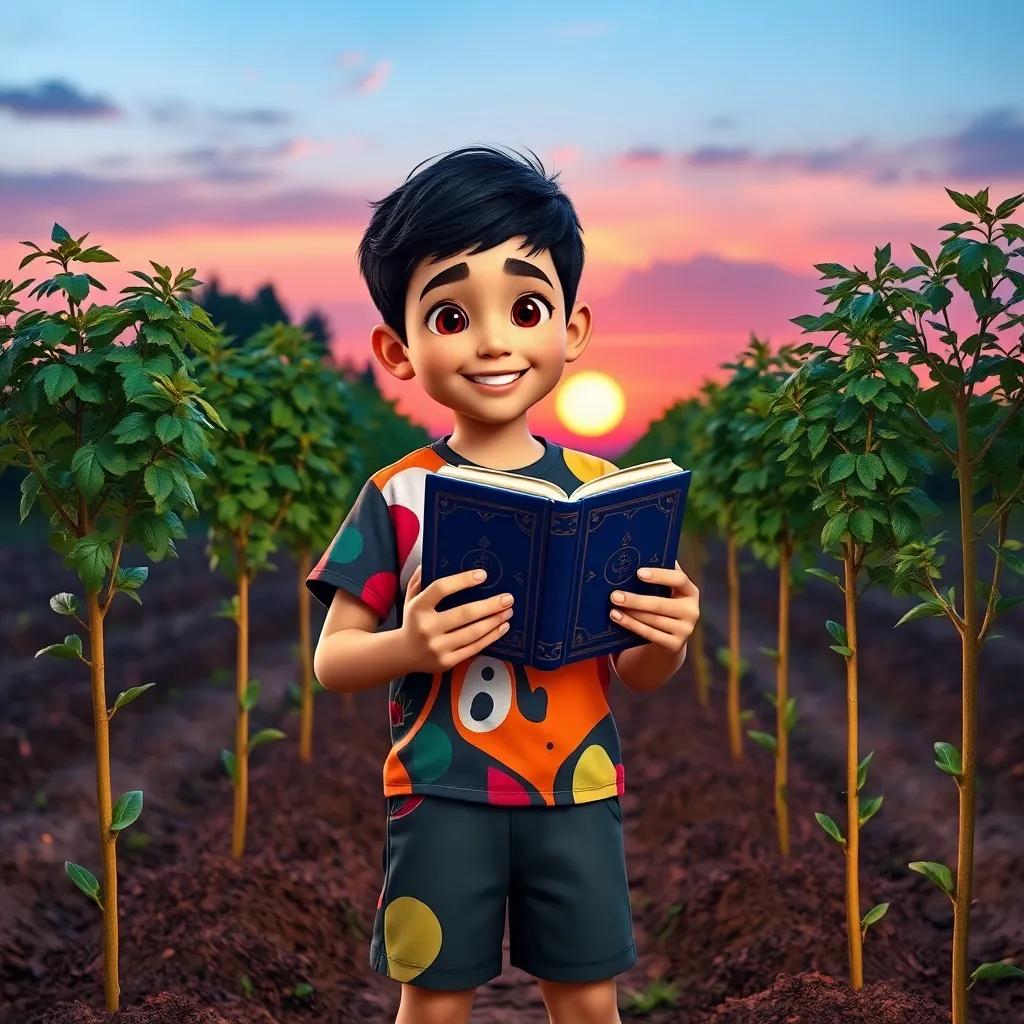 Sami, a young Arabic boy with short black hair, wearing a colorful t-shirt and shorts, holding the magic book in his hands, looking proud while standing next to newly planted trees, sunset backdrop, heartwarming and inspiring, vibrant colors