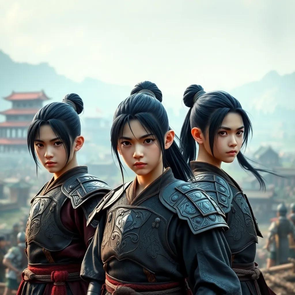 Three young warriors, Asian boys with long black hair tied up, wearing traditional armor, standing proudly in front of an ancient battlefield, ready for battle, digital art, detailed, dramatic colors, heroic pose, high quality