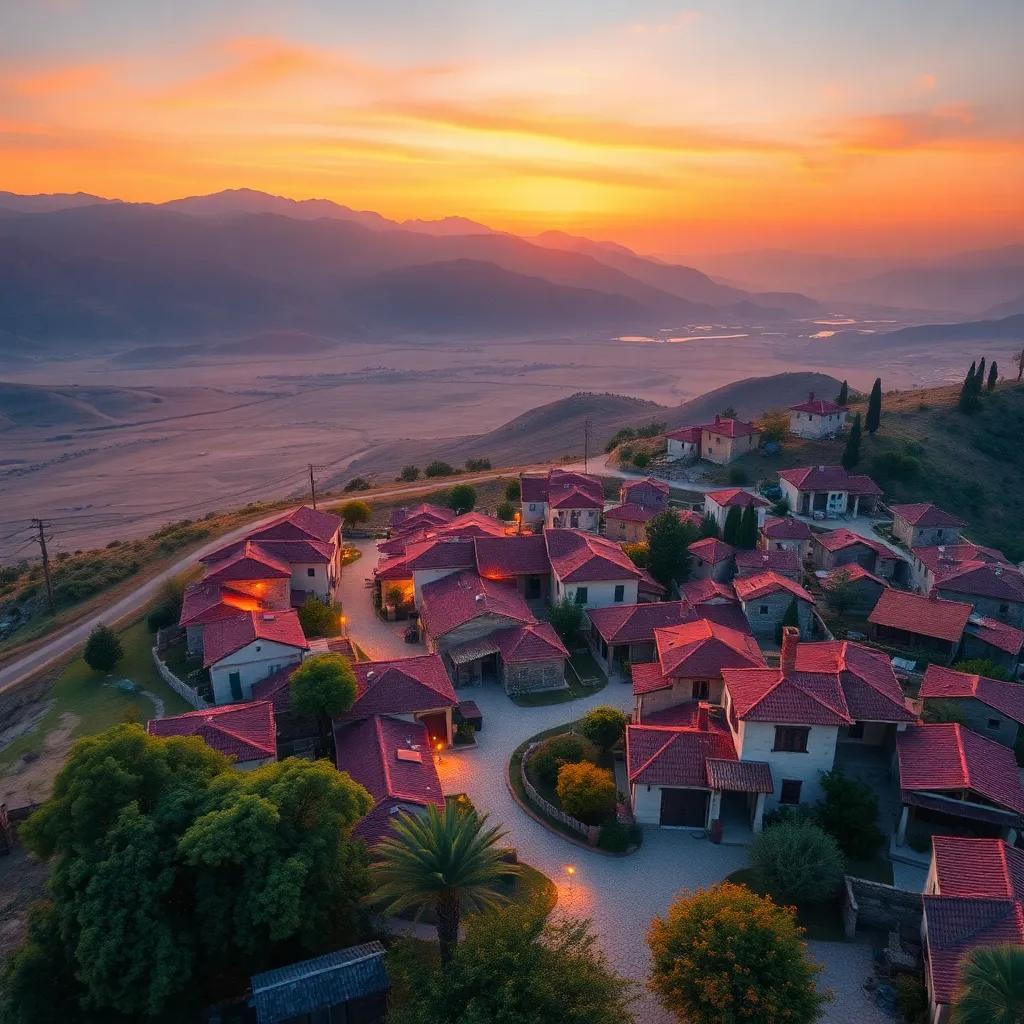 A bird's eye view of Taraghin village at sunrise, warm colors, peaceful and inviting atmosphere, digital art, high quality
