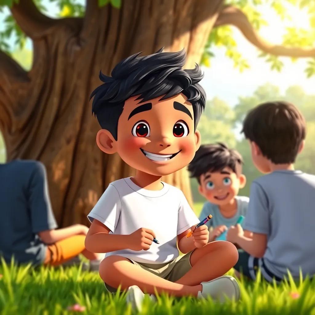 A young boy named Sami, smiling, wearing a simple t-shirt and shorts, sitting with friends under a big tree, drawing and planning, cheerful mood, bright sunlight, colorful scene