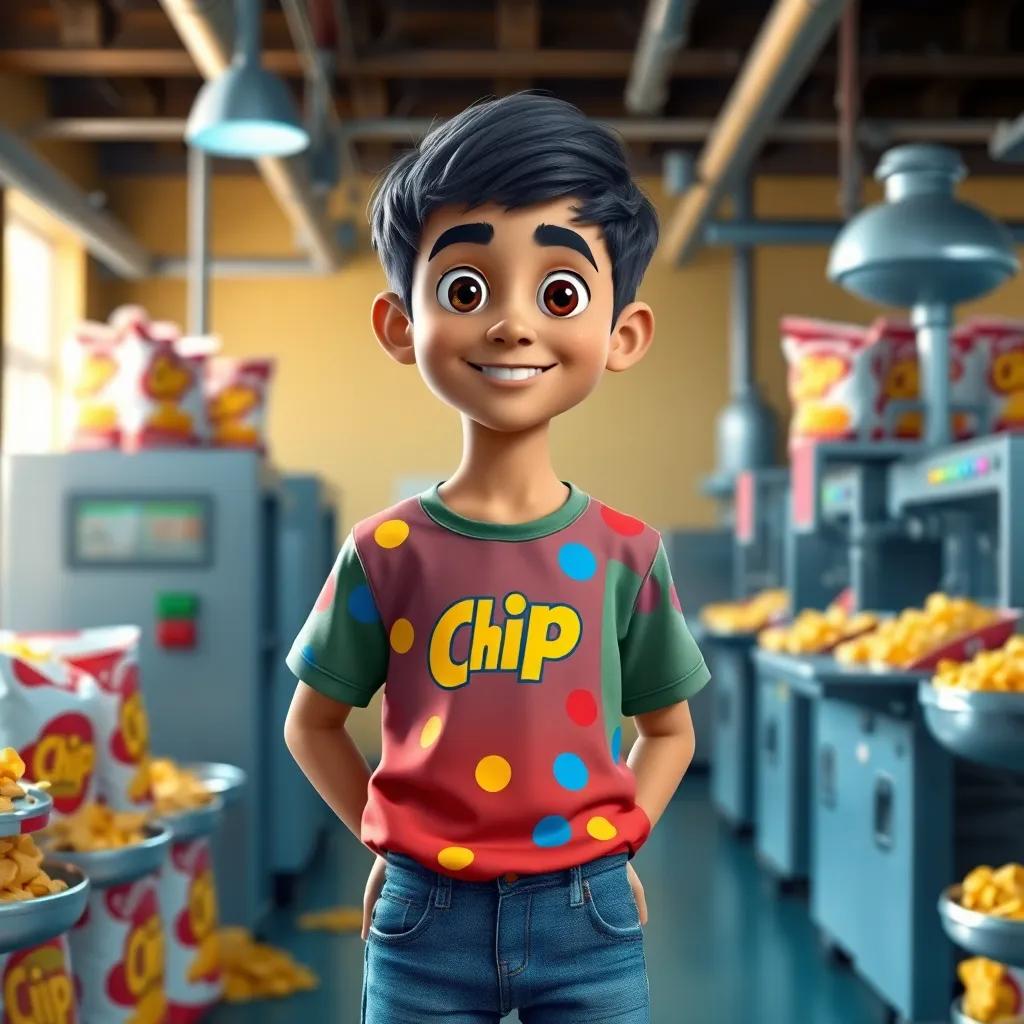A young boy named Ahmed with short black hair, wearing a colorful t-shirt and jeans, standing in a chip factory with bags of corn chips and machines around, cheerful, bright colors, optimistic atmosphere, digital art, high quality