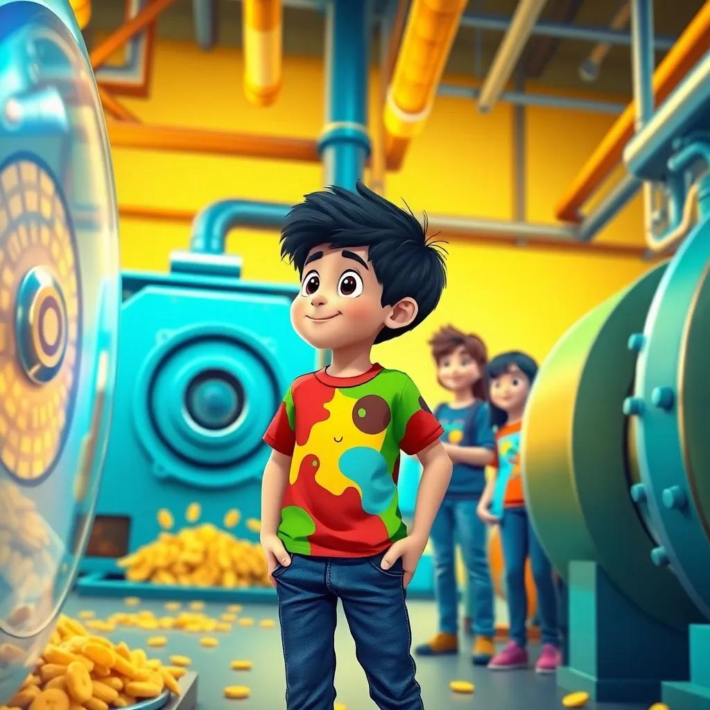 Ahmed, a young boy with short black hair wearing a colorful t-shirt and jeans, looking at a big machine with friends, excited expressions on their faces, inside a vibrant chip factory, illustration, playful, adventure-themed, child-friendly
