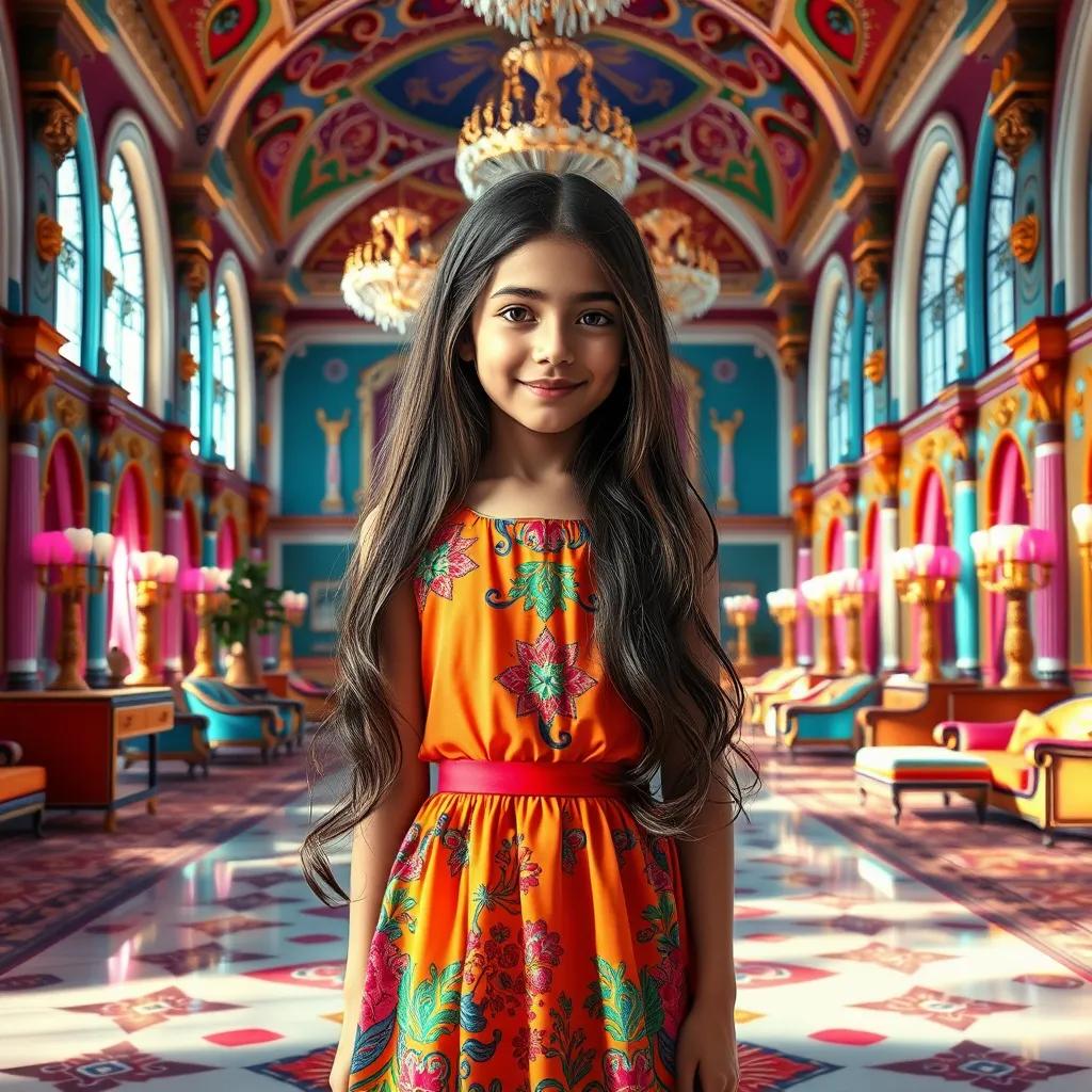 A beautiful young girl, Rinaad, with long hair, wearing a colorful dress, standing in a grand palace filled with bright colors and elegant furniture, digital art, bright and cheerful, vibrant atmosphere, high quality
