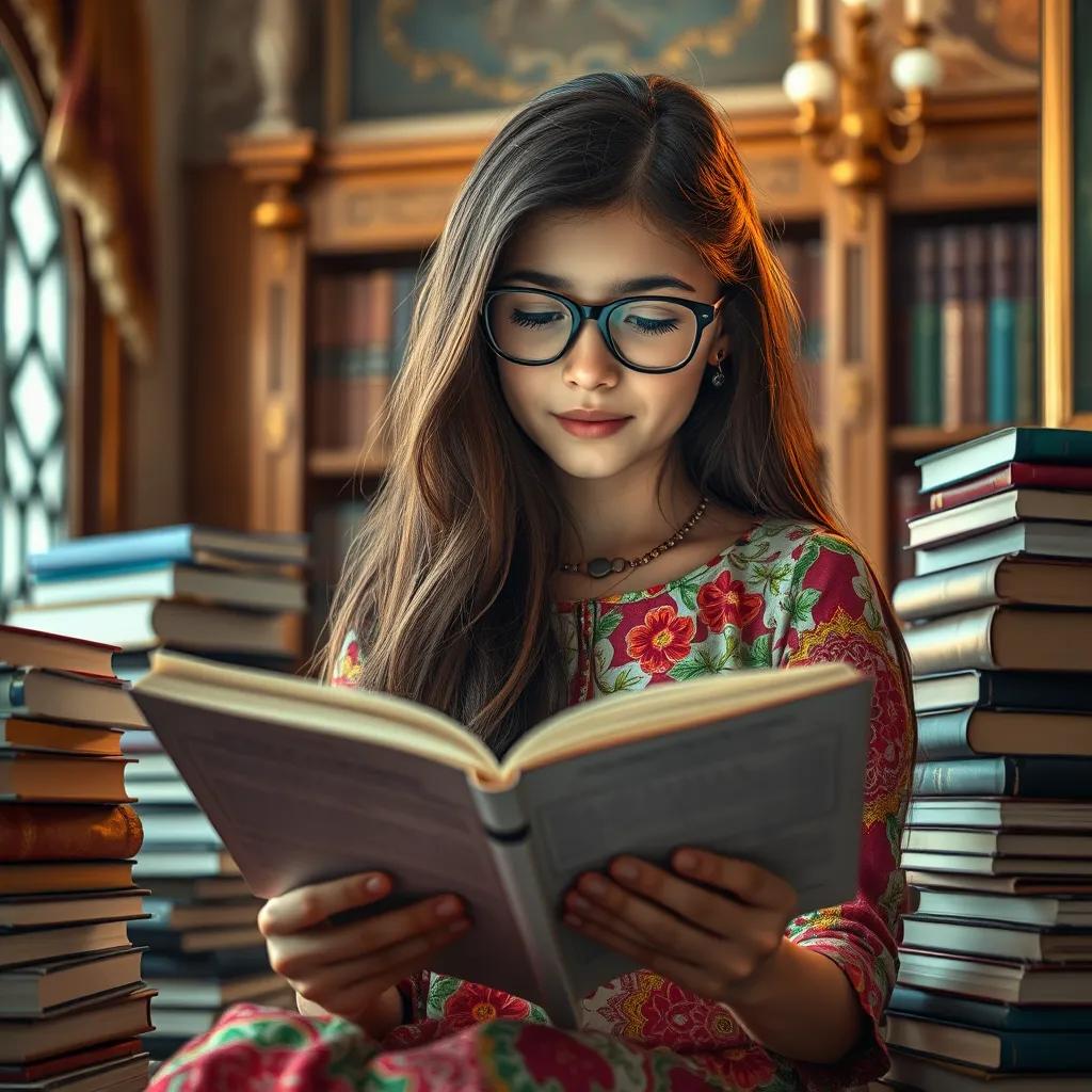 Rinaad, a beautiful young girl with long hair wearing glasses and a colorful dress, reading a medical book in a cozy corner of the palace, surrounded by stacks of books, warm light, educational theme, inviting ambiance, high quality