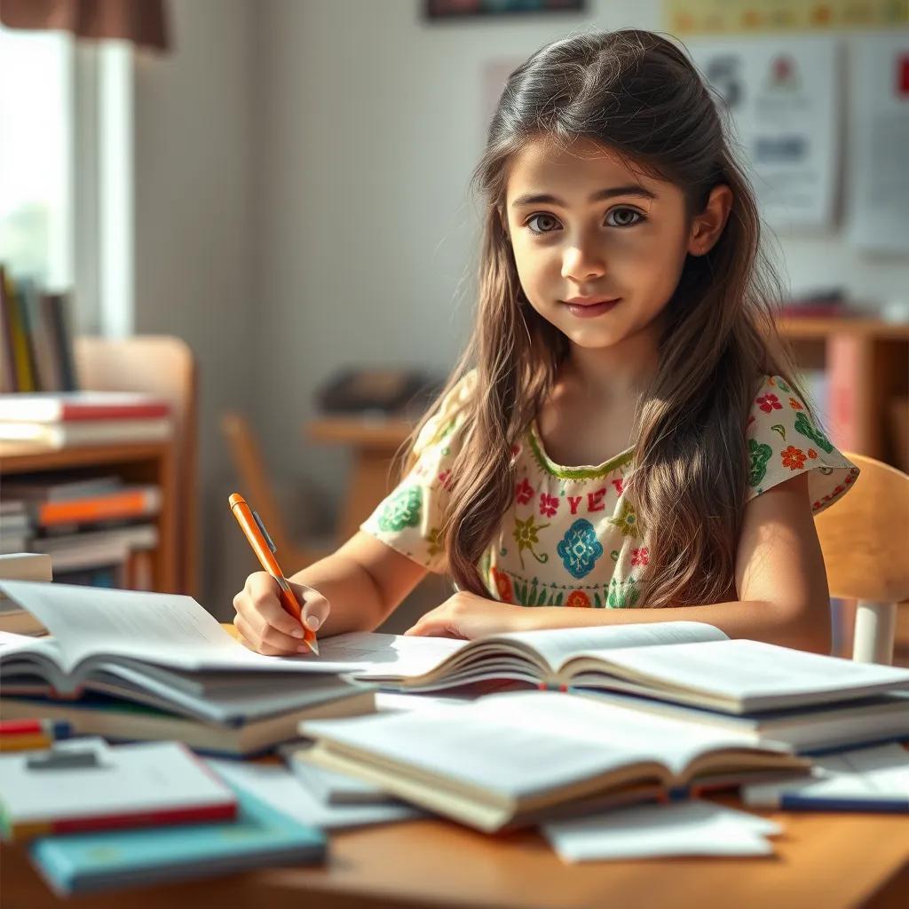 Rinaad, a beautiful young girl with long hair, wearing a colorful dress, studying at her desk with books and papers scattered, showing her dedication and hard work, bright light, focused atmosphere, digital art, child-friendly