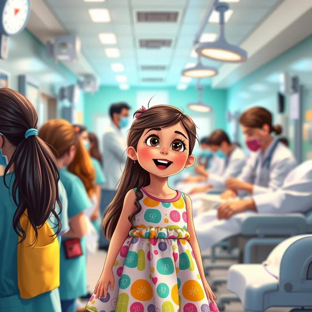 A vibrant and busy hospital scene with Rinaad, a beautiful young girl with long hair in a colorful dress, excitedly observing doctors treating patients, bright and inspiring colors, optimistic perspective, child-friendly illustration, high quality
