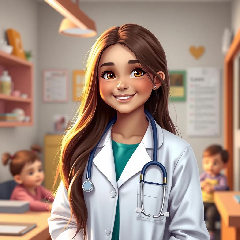 Rinaad, a beautiful young girl with long hair, wearing a doctor's coat and stethoscope, happily helping children in her clinic, warm and caring atmosphere, bright colors, positive energy, child-friendly digital art, high quality