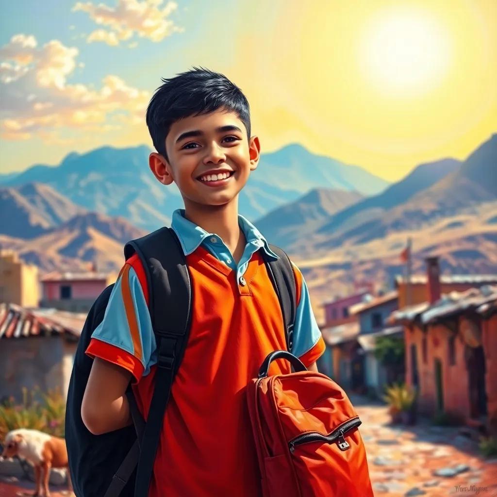A young Arab boy, Sami, with short black hair, wearing a bright school uniform, smiling while holding his school bag under sunny sky, in a small village with mountains, vibrant colors, cheerful atmosphere, high quality