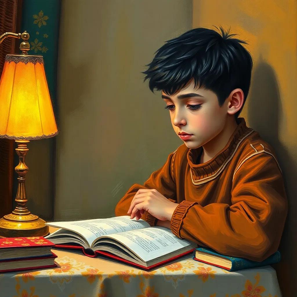 A young Arab boy, Sami, with short black hair, studying at a small table at home, surrounded by books and a dim lamp light, feeling determined, warm colors, cozy feel, high quality