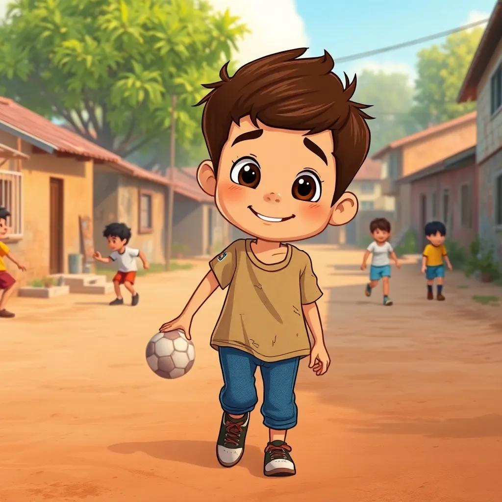A small neighborhood, a young boy named Sami, with short brown hair wearing a worn-out t-shirt and jeans, playing soccer with friends on a dusty field, illustration, cheerful, sunny day, warm colors, high quality