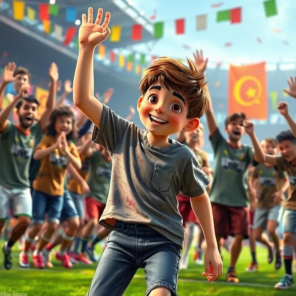Sami, a young boy with short brown hair in a worn-out t-shirt and jeans, celebrating with his teammates after scoring a goal, surrounded by cheering friends and colorful banners, dynamic, action-packed, uplifting atmosphere, high quality