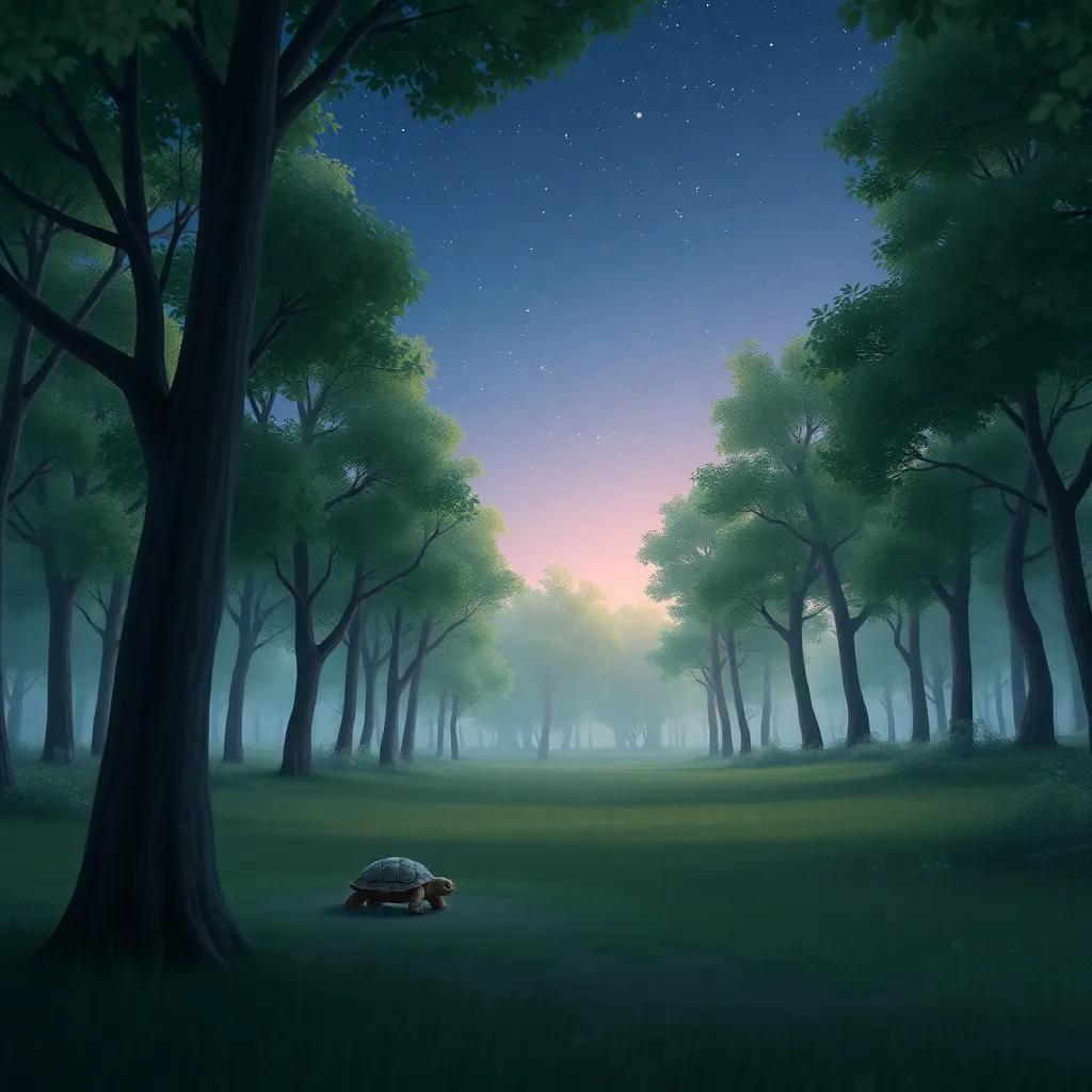 A peaceful forest with trees and a small turtle named Salima slowly walking on the ground, under a starry sky, gentle night light, calm and serene atmosphere, high quality