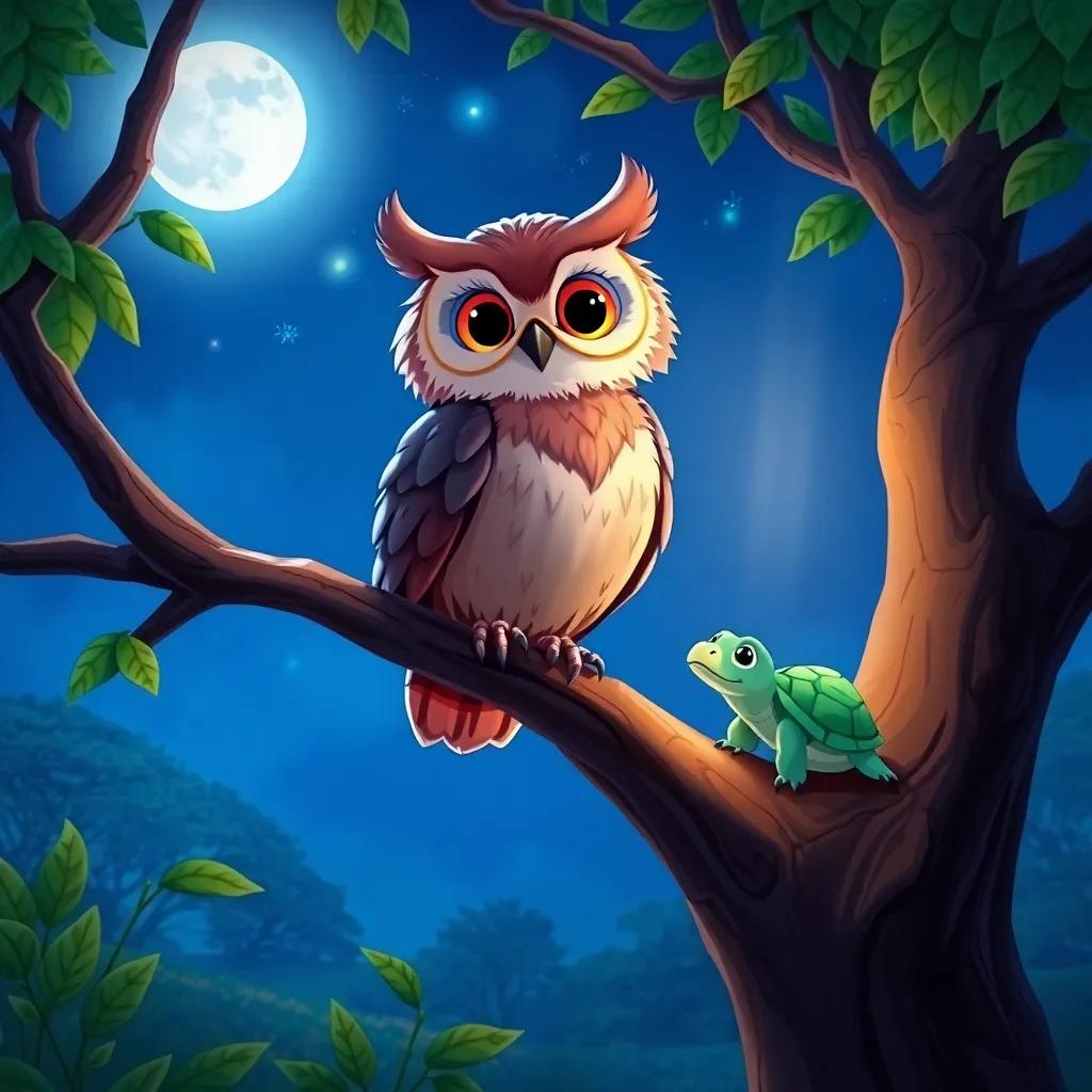 A wise owl perched on a tree branch, talking to Salima the small turtle, moonlight shining down, enchanting and magical surroundings, child-friendly, illustration style, vibrant colors