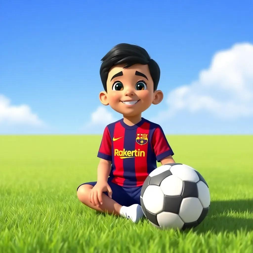A young Arab boy, Fayez, with short, black hair, wearing a Barcelona jersey and shorts, sitting on a grassy field with a soccer ball, bright blue sky, cheerful atmosphere, digital art, vibrant colors, child-friendly