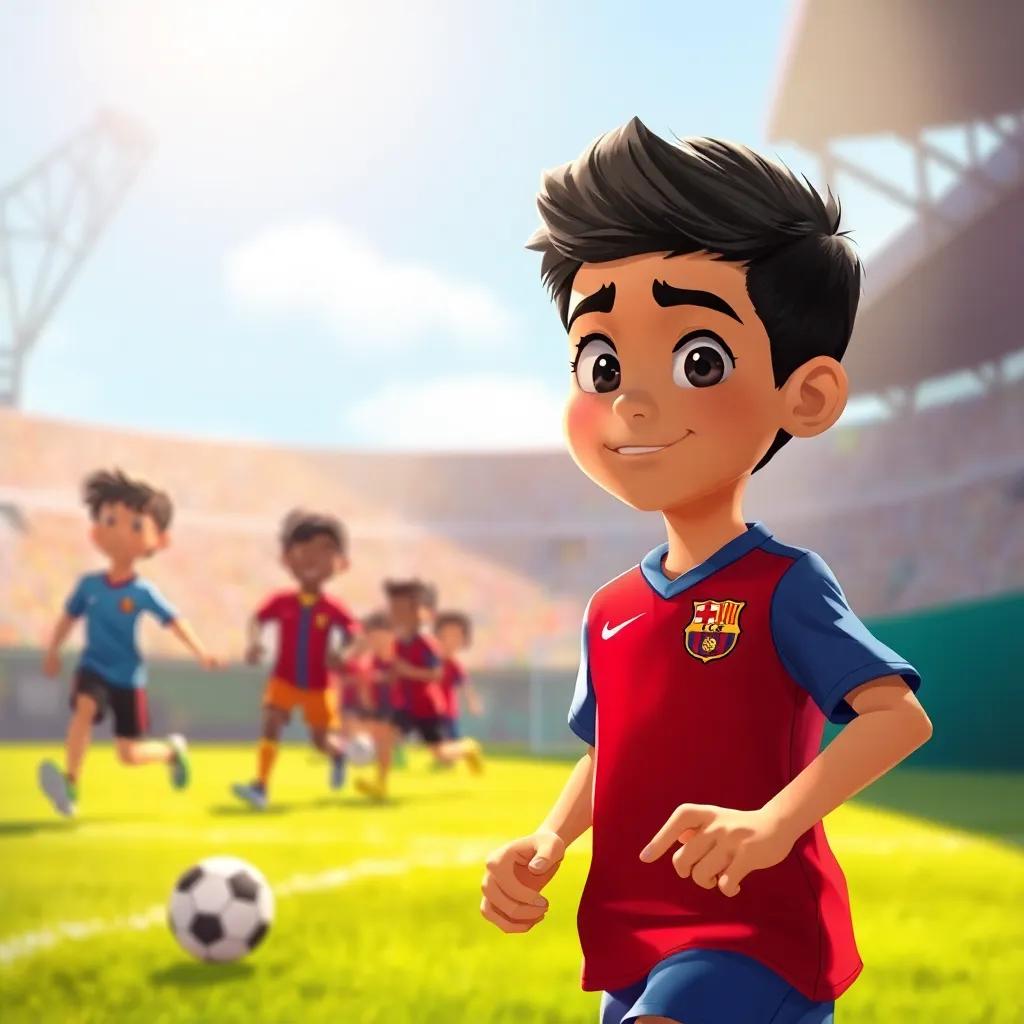 A young Arab boy, Fayez, with short, black hair, wearing a Barcelona jersey, practicing soccer with a determined expression, running on a field, surrounded by friends, sunlight illuminating the scene, illustration, energetic, heartwarming