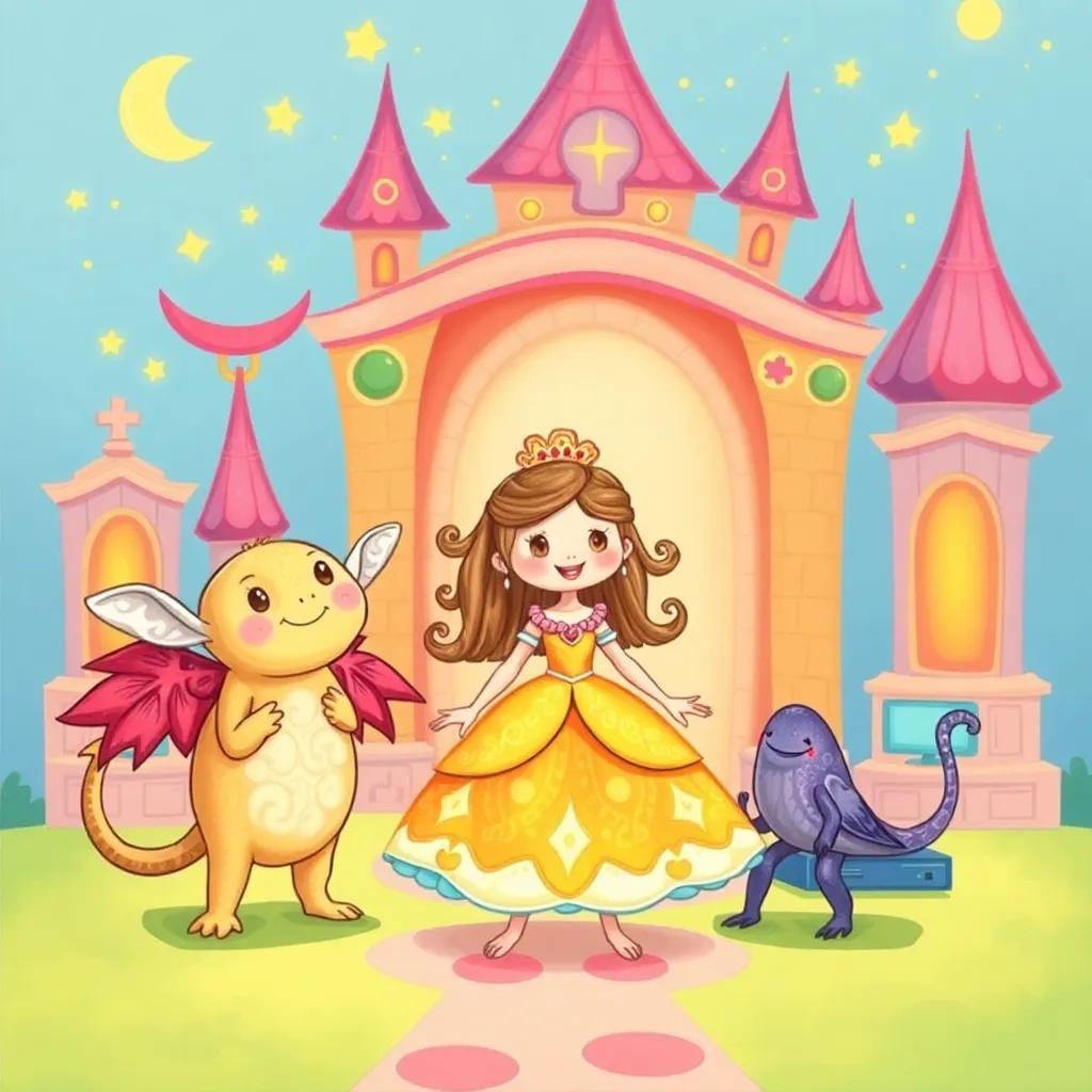 Three magical creatures: a changing figure named 'Variable', a spinning figure named 'Loop', and a beautiful princess named 'Code' wearing a bright dress, standing in a vibrant coding palace with computer elements, joyful atmosphere, whimsical style, high quality