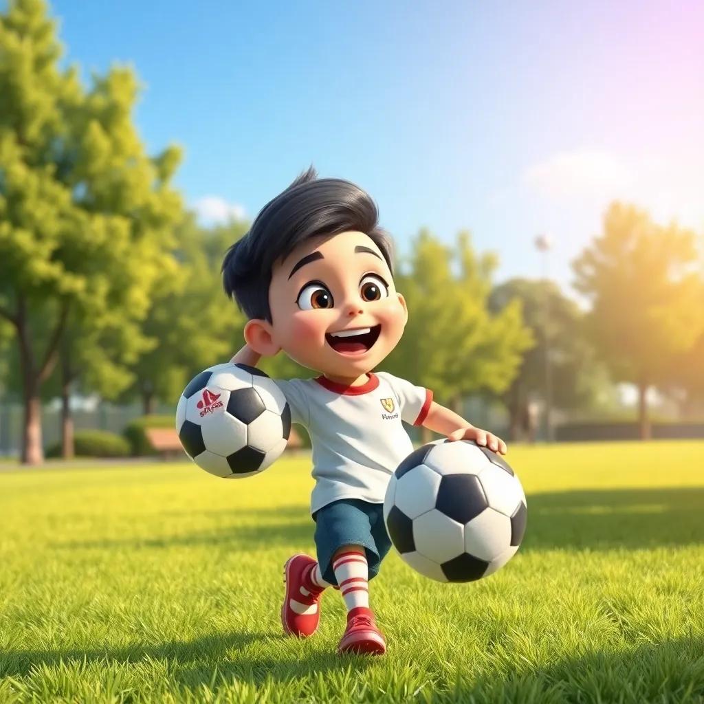 A young boy named Sultan, excited with a soccer ball under his arm, practicing dribbling in a sunny park, digital art, vibrant colors, playful atmosphere, high quality